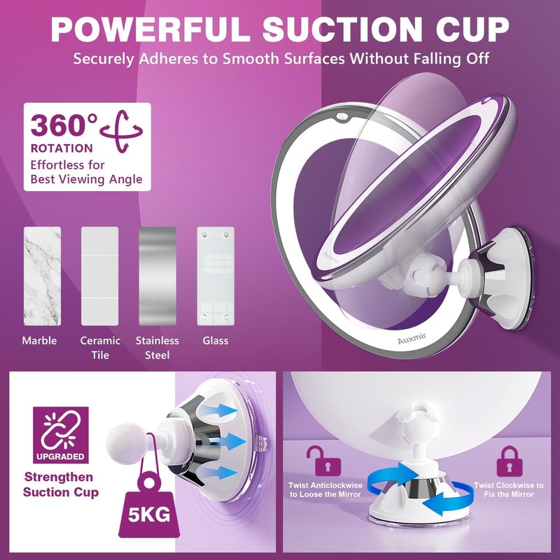 Auxmir 30X Magnifying Makeup Mirror with Light - Portable Suction Cup & 360° Swivel Design for Home & Travel