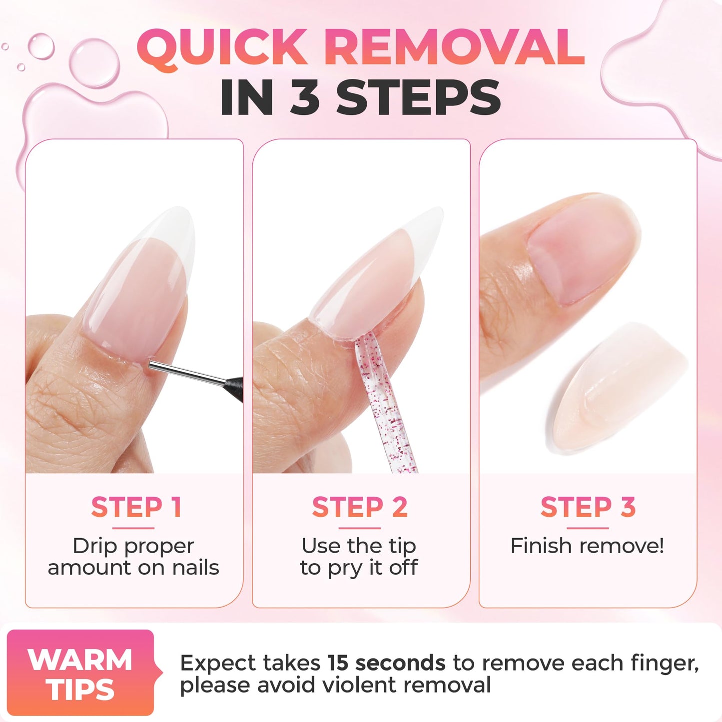 UNA GELLA 20ml*2PCS Nail Glue Remover for Press on, Multi-Functional Pinpoint Glue Remover Fast Removal Gentle Non-Acetone with Crystal Sticks for Nails Polish False Acrylic Nail Tips Home DIY