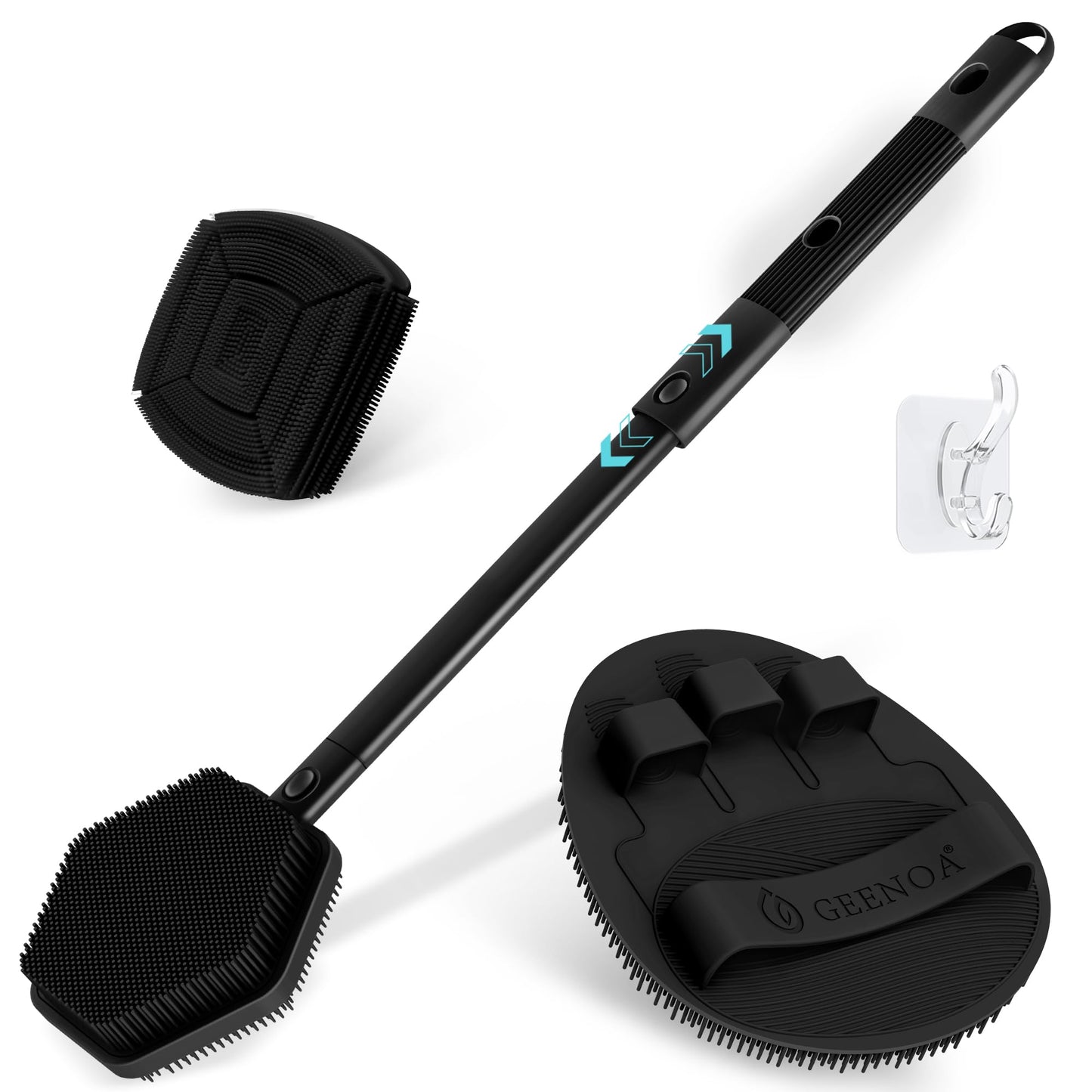 GEENOA Silicone Back/Face Scrubber & Bath Glove Set 3PCS, Extendable Back Scrubber with Dual-Side Large Head, 360° Anti-Slip Bath Glove, Unique Side-bristle Face Scrubber for All-round Cleaning(Black)