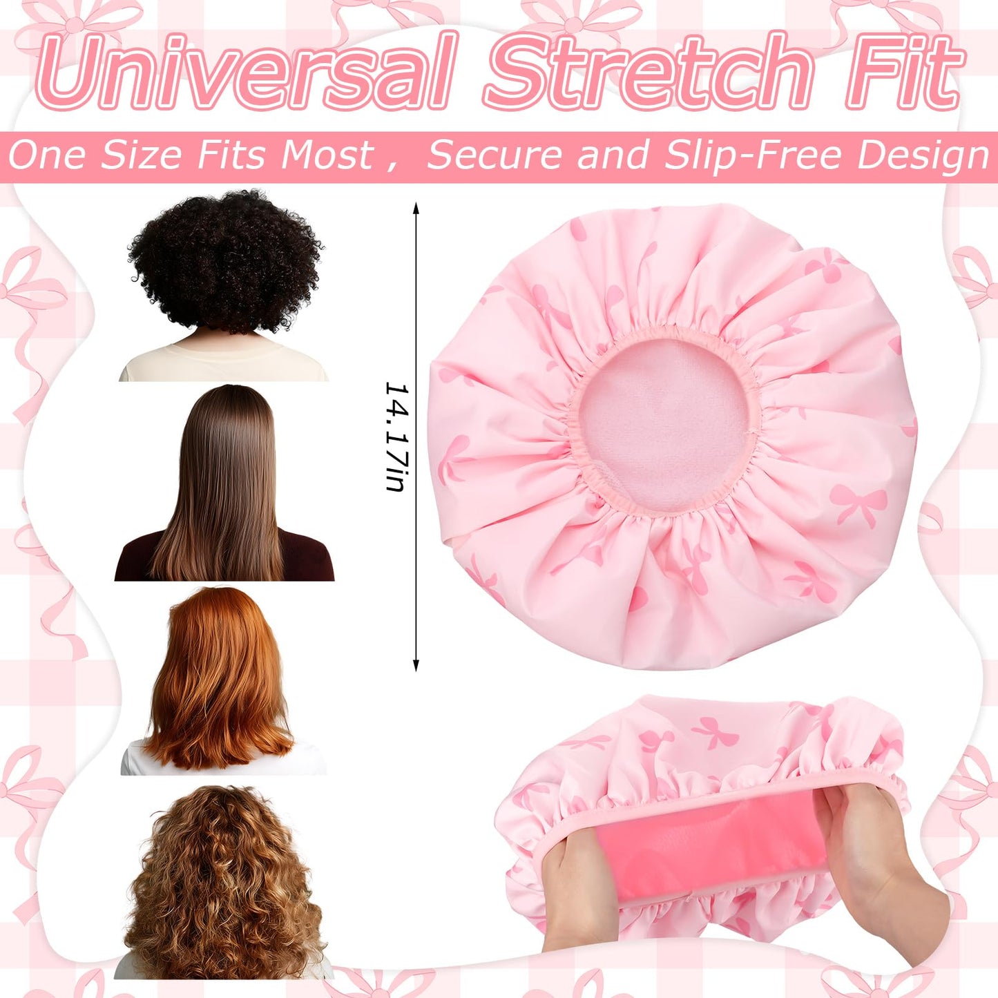 Janmercy Pink Bow Shower Cap for Women Extra Large Terry Lined Shower Cap Reusable Waterproof Double Layer Large Bath Hair Bonnet Washable Quick Dry for Braids Long Straight Curly Hair Women Gifts