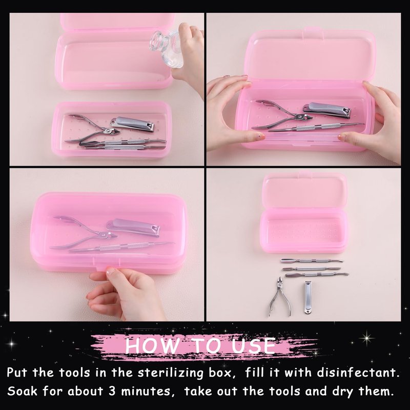 Nail Tool Sterilizer Box Plastic Sterilization Tray for Nail Art Accessories Tools, Disinfectant Container Soaking Box with Strainer Pedicure Manicure Cleaning Equipment, Pink