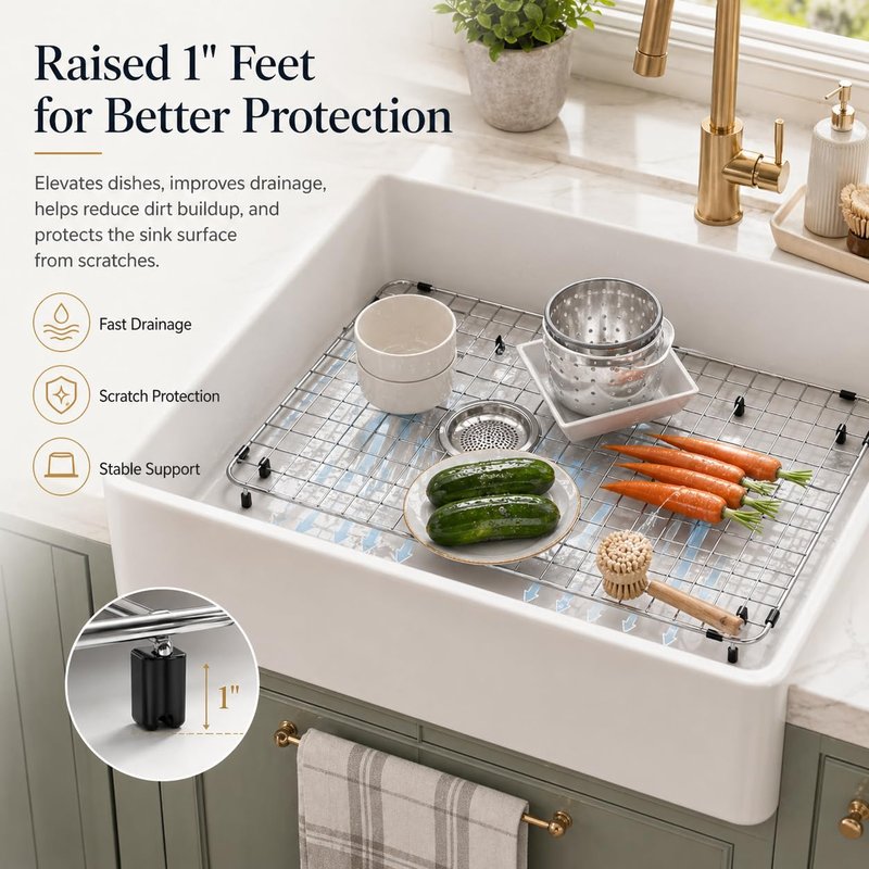 iPEGTOP Sink Protector Grid 28-3/8" x 14-3/16", Stainless Steel Sink Bottom Grid Rear Drain with Corner Radius 3/8", Sink Grate with Hole Cover for Kitchen Sink Single Sink Bowl, One-Piece