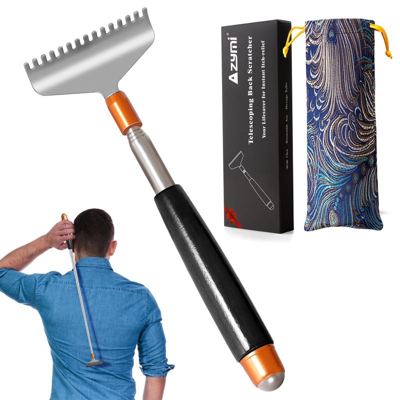 Azymi Large Back Scratcher, Strong Backscratchers for Men Women Extendable with Wider Rake Steel Claw-Wooden Handle- Massage Roller, Portable Metal Head Body Scratcher Massager