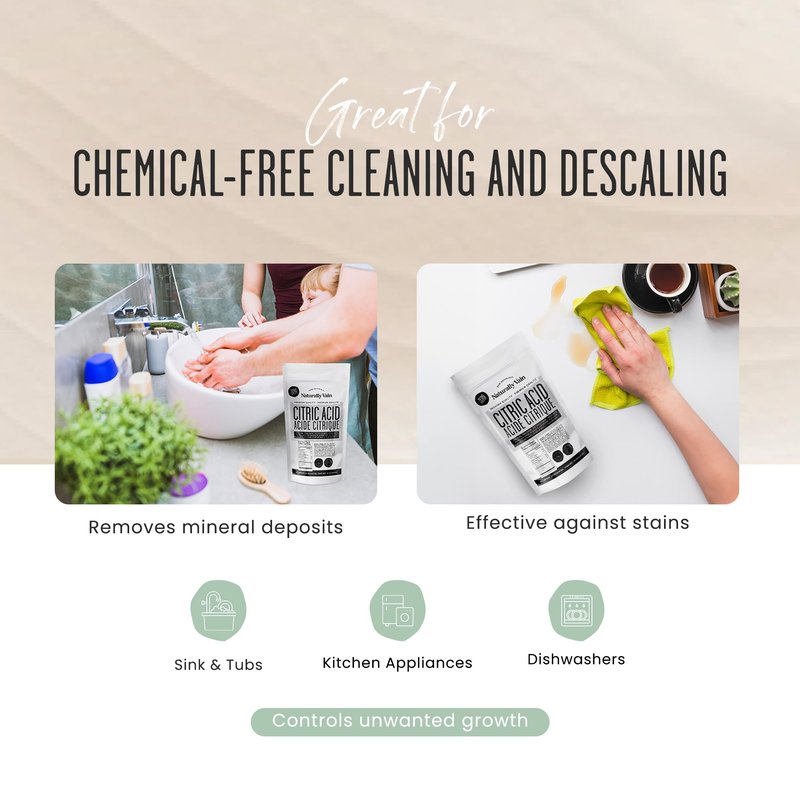 Naturally Vain Citric Acid Food-Grade, Pure Citric Acid Powder for Cleaning, Descaling, Flavoring, DIY Bath Bombs, Natural Preservative, Fine Granules, 50lb Resealable Bucket