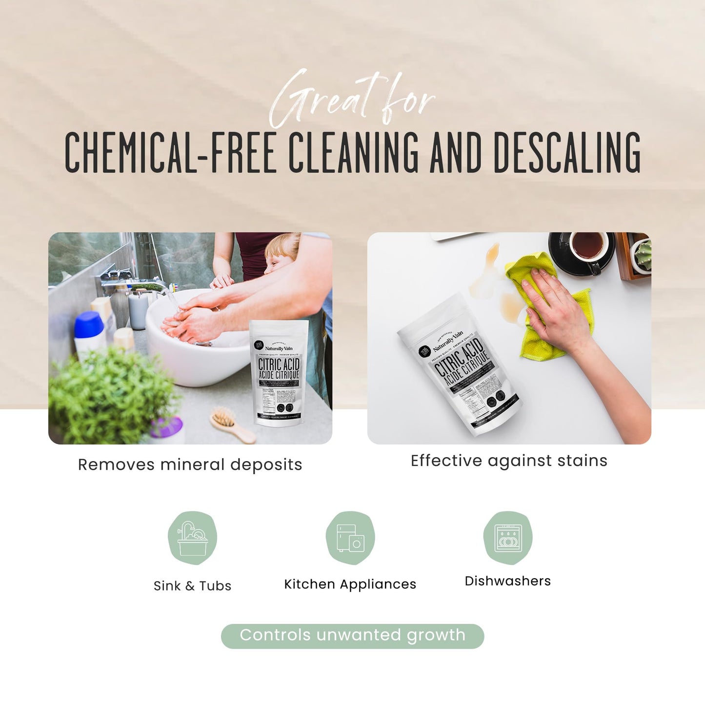 Naturally Vain Citric Acid Food-Grade, Pure Citric Acid Powder for Cleaning, Descaling, Flavoring, DIY Bath Bombs, Natural Preservative, Fine Granules, 5lb Resealable Bag