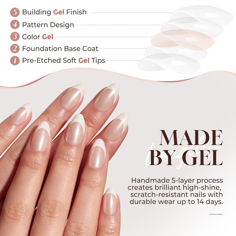 **Press On Nails - Almond French Tip Soft Gel Kit | 32 Reusable Chrome Fake Nails, 16 Sizes**