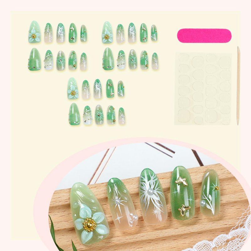 Skiennix 30pcs Green Press-On Nails - Medium Almond Shape with 3D Floral & Rhinestone Design