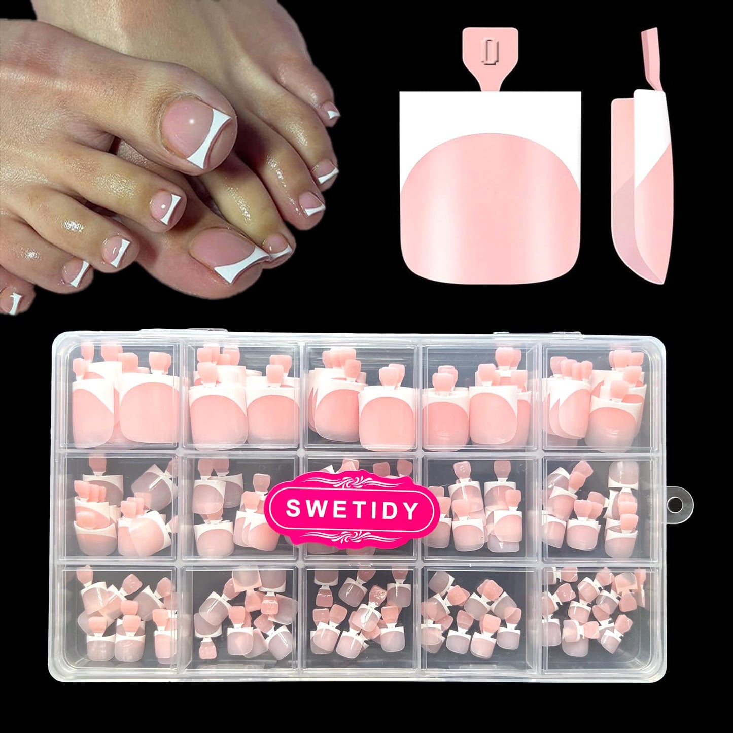 Toe Nail Tips - French Fake Short Acrylic Press-On Toenails | 150 Pcs in 15 Sizes, Baby Pink