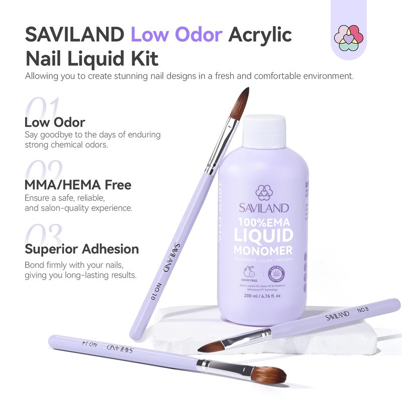 SAVILAND EMA Monomer Acrylic Nail Liquid: 6.76fl.oz Non-Yellowing Low Odor Acrylic Liquid Monomer with Size 8,10,14 Brushes for Beginners DIY Nail Art Extension & 3D Sculpting Home Salon