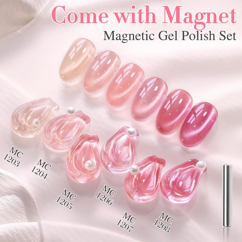 Double Rhythm Cat Eye Gel Nail Polish Set of 6 Same Color Same Bottle 0.5 Oz Shimmer Glitter with Magnet Holographic Reflective Magnetic UV Nail Polish Kit at Home (Glass Nude Pink Rose-T6-45)