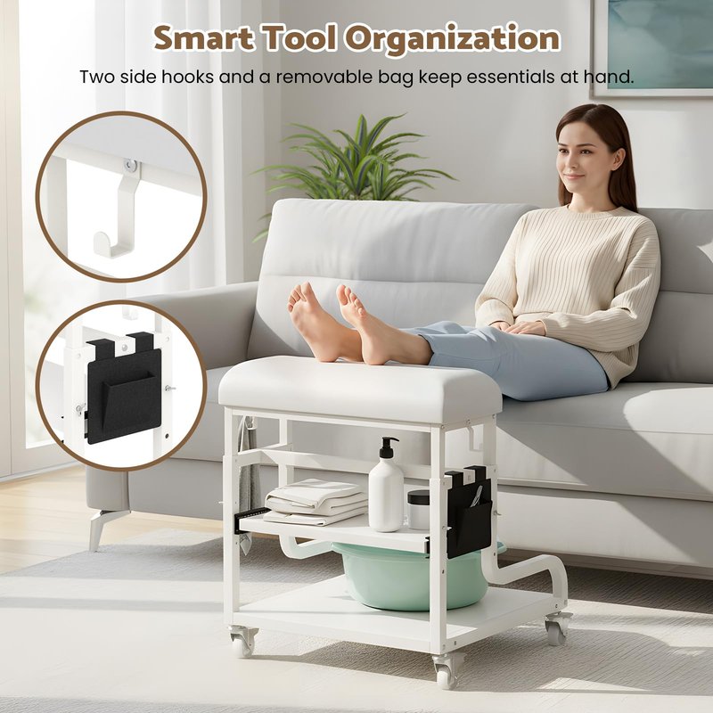 Adjustable Pedicure Foot Rest with 3-Level Height, PU Cushion, Storage & Locking Wheels, Mobile Pedicure Cart Foot Bath Trolley for Foot Bath, Salon & Spa (White)