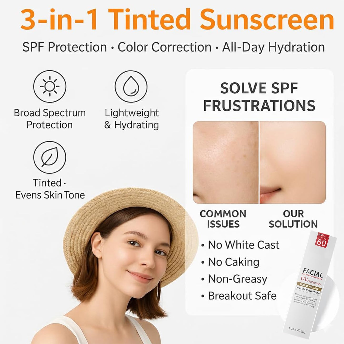 Tinted Mineral Face Sunscreen SPF 60 - Moisturizing Tinted Moisturizer with Hyaluronic Acid | Ultra-Lightweight, Non-Greasy