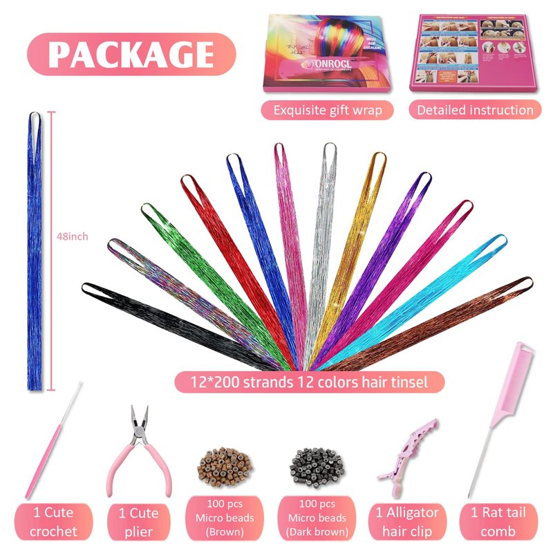 Skiennix Hair Tinsel Kit - 2400 Strands of Glittering Extensions | 12 Colors, 48 Inches for Women & Girls