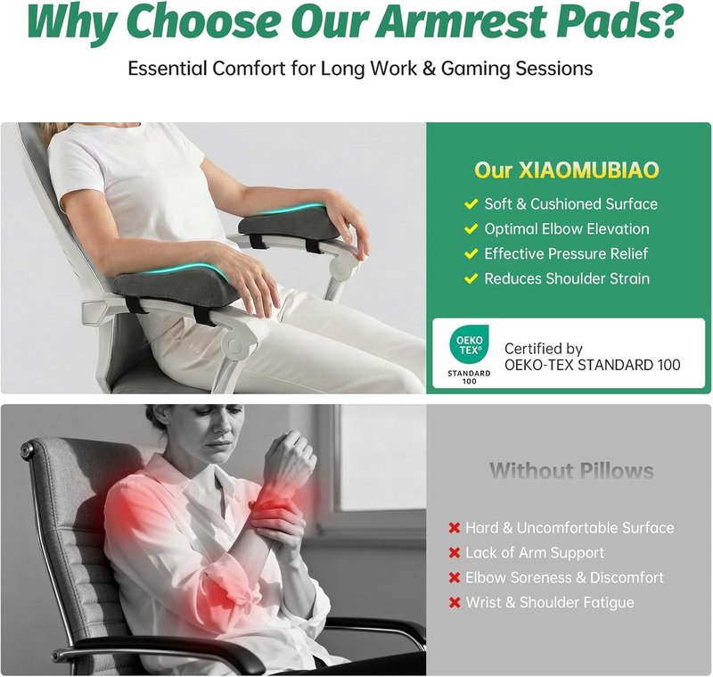 Armrest Cushion for Office Chair - Memory Foam Elbow Support Pads | Set of 2, Non-Slip Straps, Washable Cover