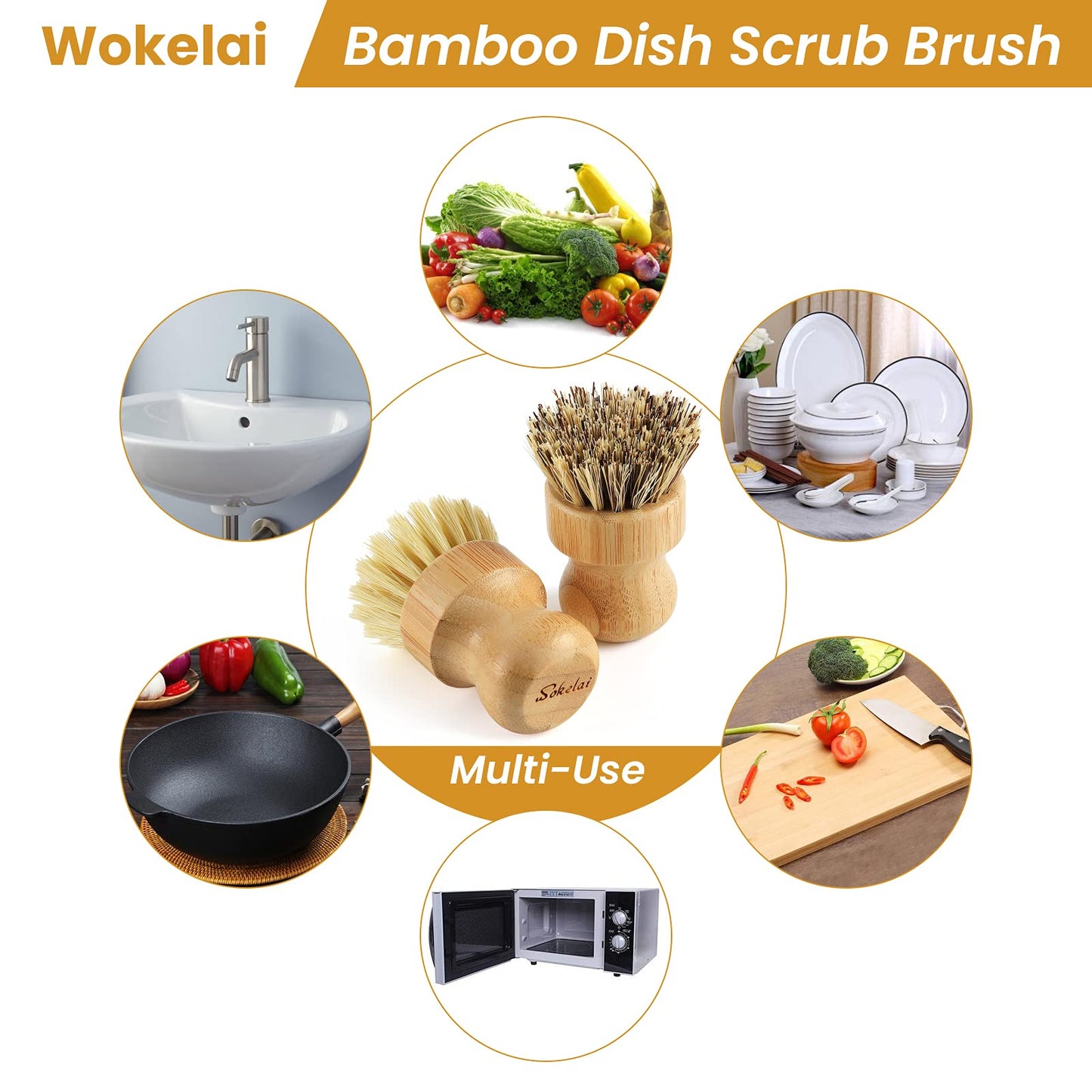 Bamboo Dish Scrub Brushes Set for Kitchen - Wooden Cleaning Scrubbers Brushes, Eco-Friendly Natural Dishes Washing Brush for Dishwashing Cast Iron Pots Pans Skillet Vegetables Sink, Set of 2