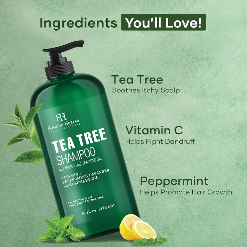 Botanic Hearth Tea Tree Shampoo - Nourishing Vitamin C & Essential Oils for Dandruff Relief | 16 fl oz