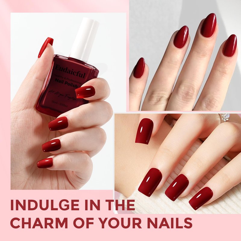 Eudaicful Cherry Red Nail Polish: Quick Dry Nail Polish Fingernail Polish for Women Non Gel Air Drying, Nail Lacquer for Nail Art Manicure Home DIY, 15ML