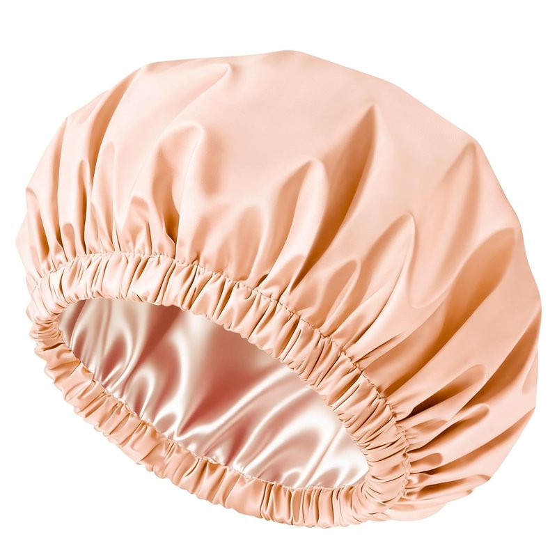 Shower Cap for Women, Reusable Waterproof Shower Cap Satin Lined with Soft Elastic Band, Large Washable Bath Caps(Apricot Pink)