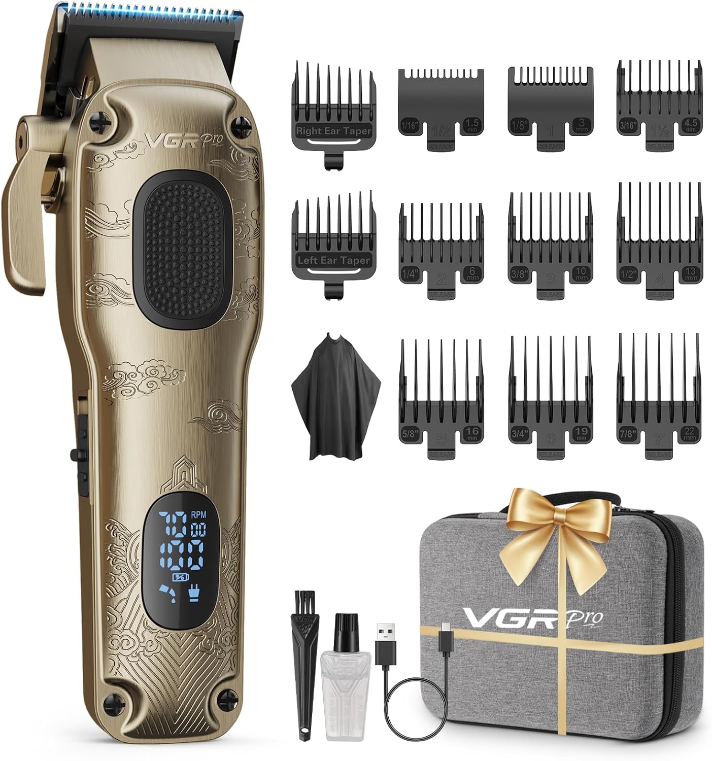 VGRPRO Hair Clippers for Men Professional, Cordless & Corded Barber Clippers for Hair Cutting with Package Case, Electric Grooming Kit for Home & Barber Use, LED Battery Display (Golden)