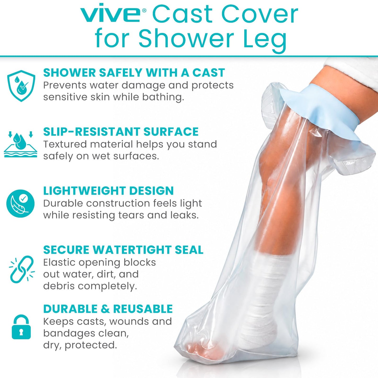 Vive Cast Cover for Shower Leg - Waterproof, Patented Seal - Adult Cover Bag for Showering After Surgery - Also for Broken Foot, Ankle, Knee, Toe, Bandages, Wounds, Baths - Watertight & Submersible