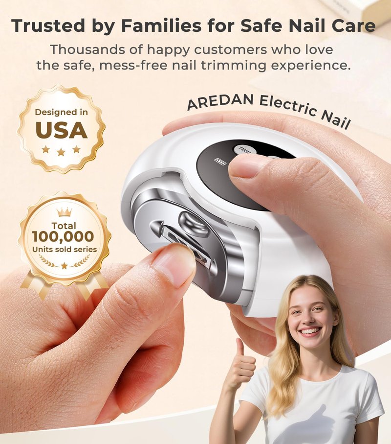 Electric Nail Clippers for All Ages, Rechargeable Safety Grinder, Pinch-Free Auto Trimmer with Debris Catcher, 3-Speeds Nail File and Polisher with LED Light, Quiet Care for Baby, Seniors and Adults