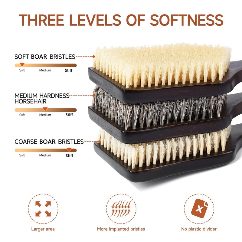 ENAMELEVO Back Scrubber Shower Brush,Dry Brushing Body Brush with 17.7 Inch Curved Long Handle, Natural Bristles for Lymphatic Drainage, Soft & Stiff Bristles Available (Natural Fiber, Soft)