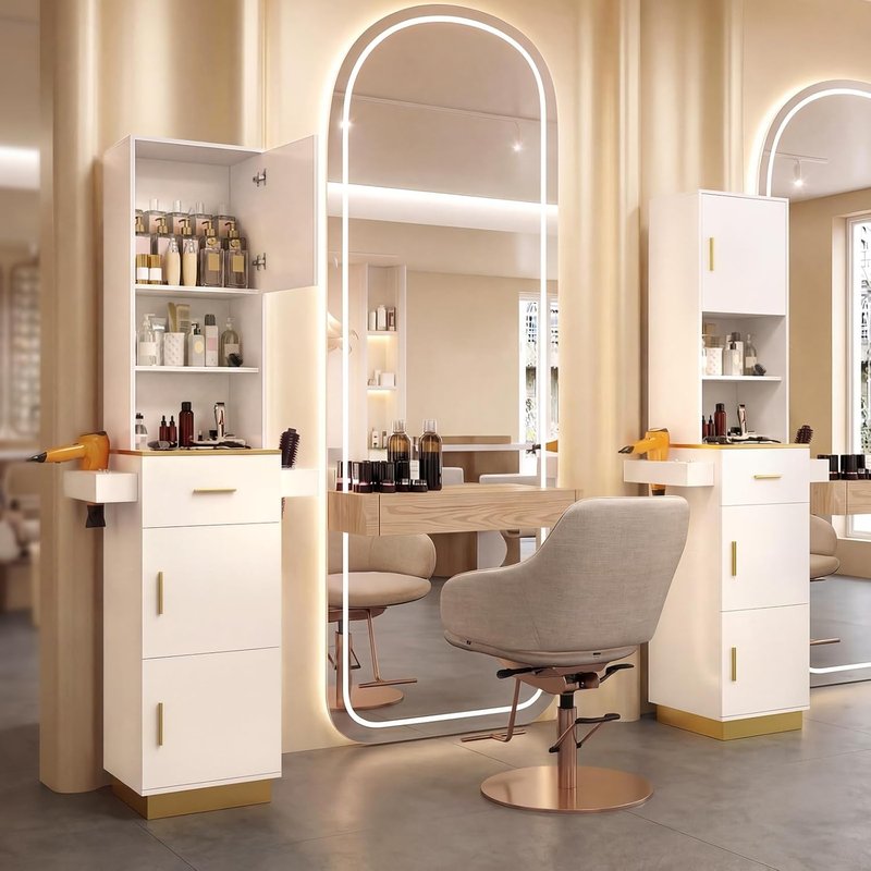Salon Stations for Hair Stylists - Tall Hair Salon Station with 6 Tool Holders, Drawer & 3 Storage Cabinets | White