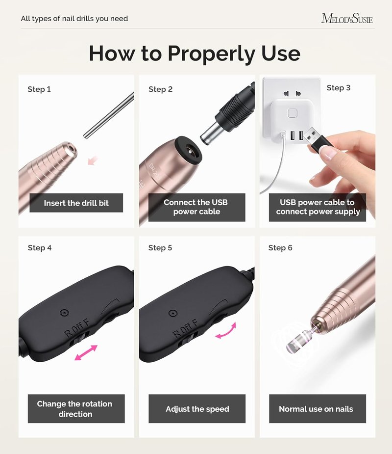 MelodySusie Portable USB Nail Drill - 20000RPM Electric Nail File for Easy Home Manicure & Gel Removal