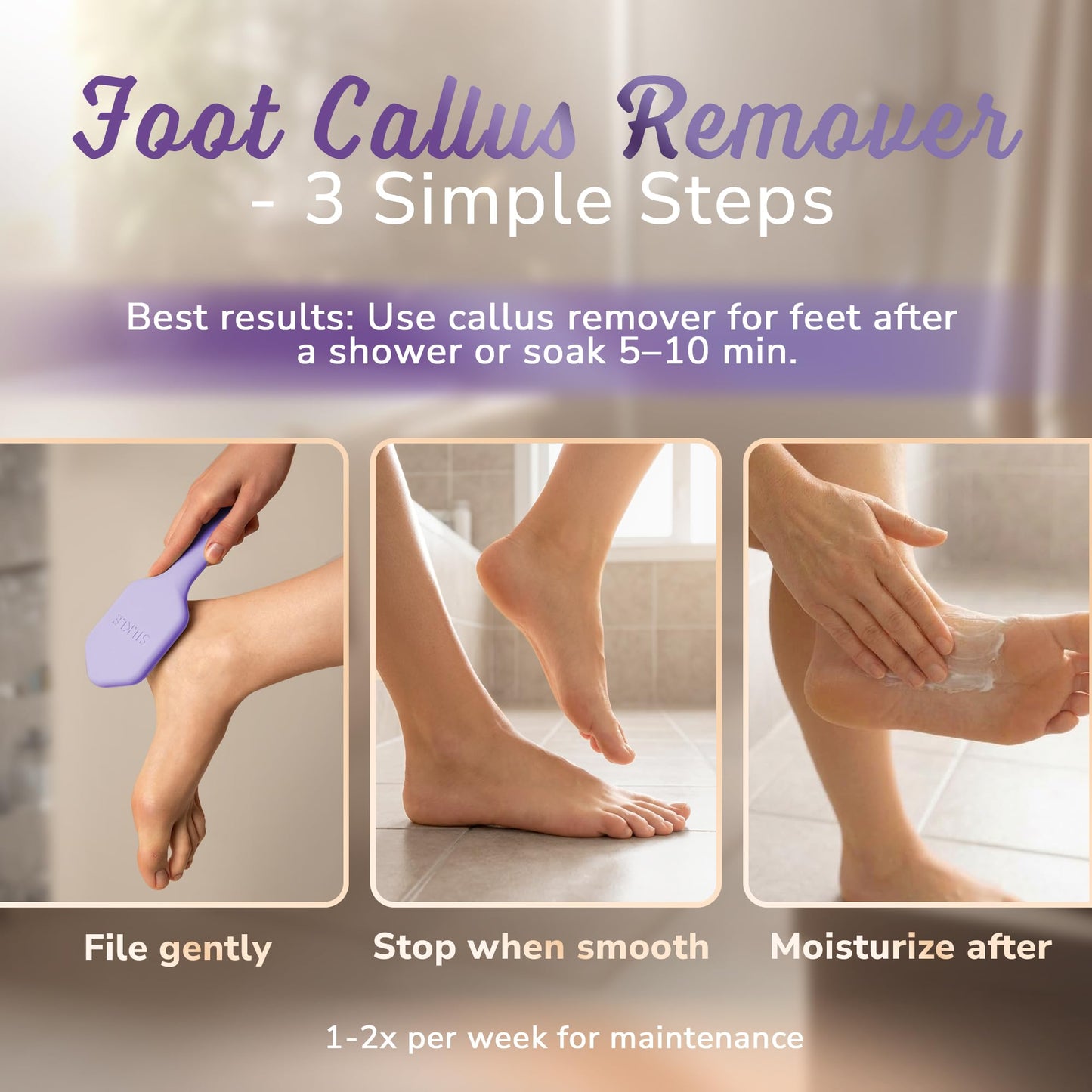 SILKLE Nano Glass Foot File - Silicone Foot Callus Remover for Feet and Cracked Heels - Heel Scraper for Dead Skin - Ergonomic Foot Scrubber & Exfoliator for Shower with Non-Slip Grip - Purple