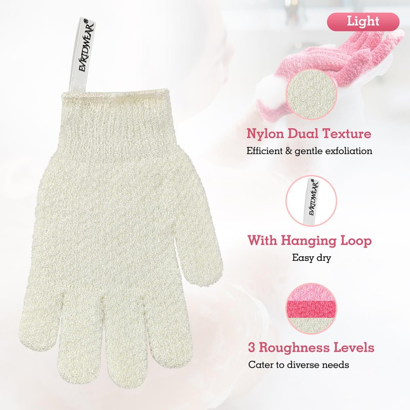 Evridwear Exfoliating Glove Shower Gloves Exfoliate Dead Skin for Dry Sensitive Skin No Irritation with Hanging Loop (White Gentle Exfoliation)