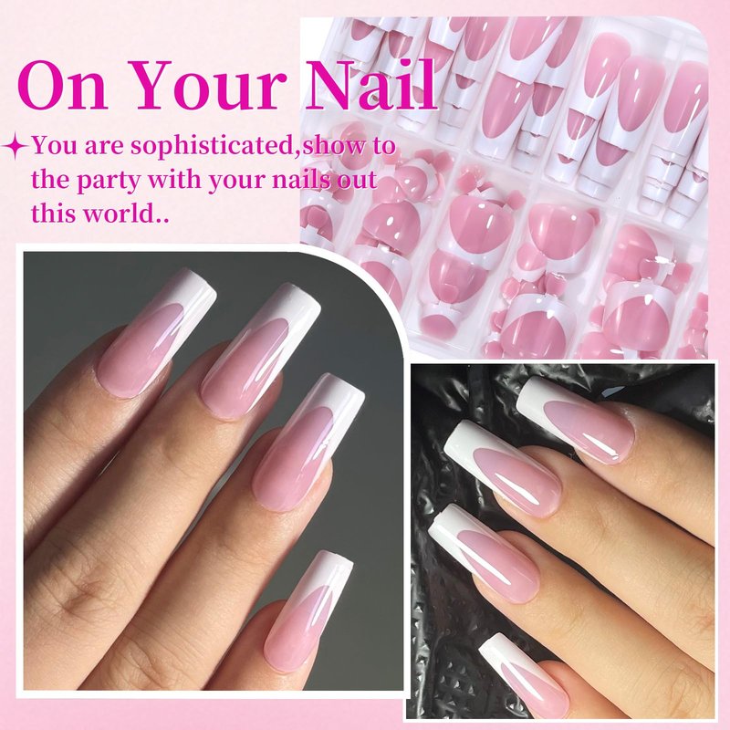 HWHUNO 4 Design French Soft Gel Toe Nail Tips Set,120Pcs White Pink Black Full Cover Square Tip Press on Nails & Press on Wider Toenails for Women Home Diy Salon 15 Sizes