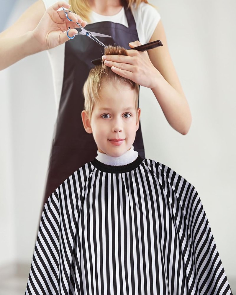Professional Hair Cutting Cape - Large Salon Barber Cape with Neck Duster Brush | White & Black Stripes