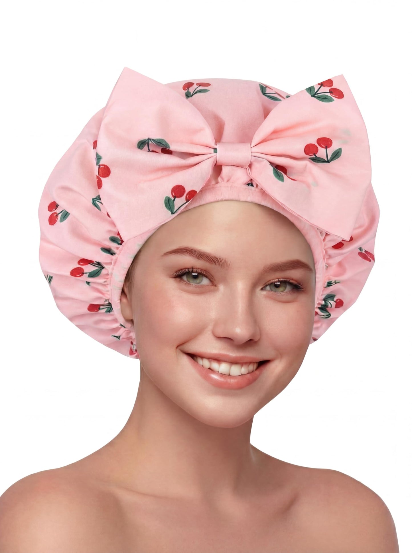 ramede Large Satin Lined Shower Cap for Women Reusable Waterproof Double Layer Bath Cap with Cherry Bow Large Washable Bath Caps with Soft Elastic Band Protect Long Hair Braids