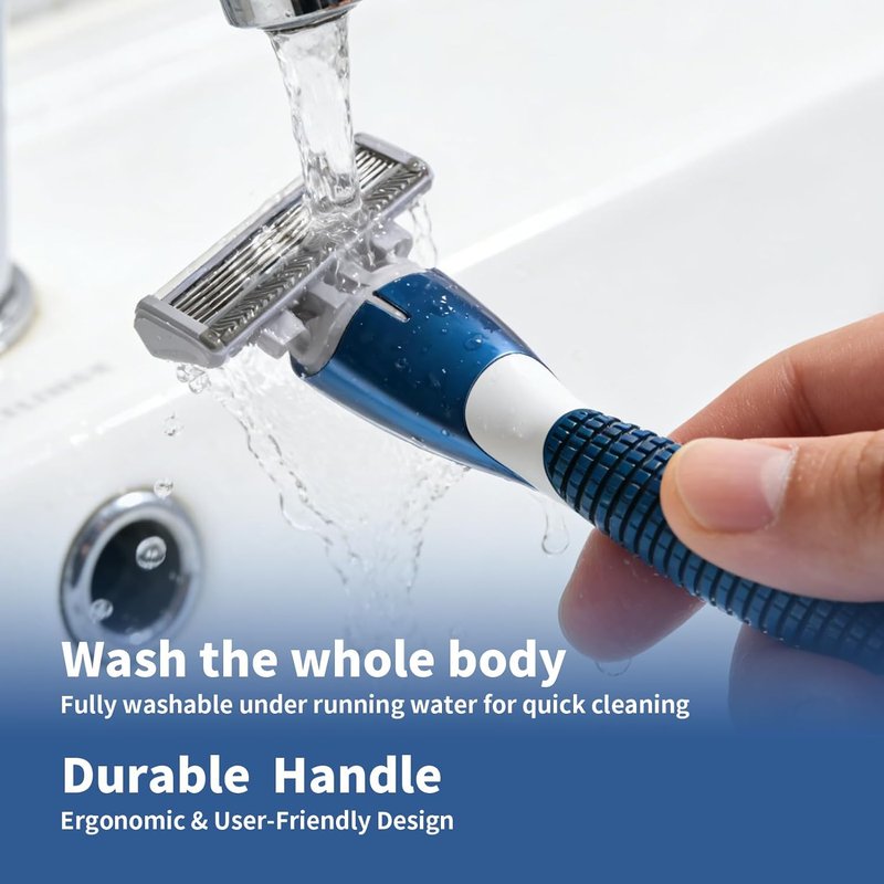 Skiennix 6-Blade Manual Razor for Men - Ergonomic Handle, 12 Blade Refills, Washable Design