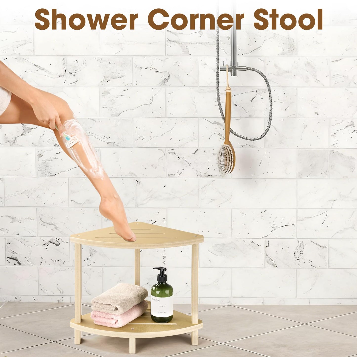 SweetBin Corner Shower Stool for Inside Shower, 17in Shower Foot Rest for Shaving Legs with Storage Shelf 2-Tier, Waterproof Bath Stool Bench for Small Spaces Bathroom Seat