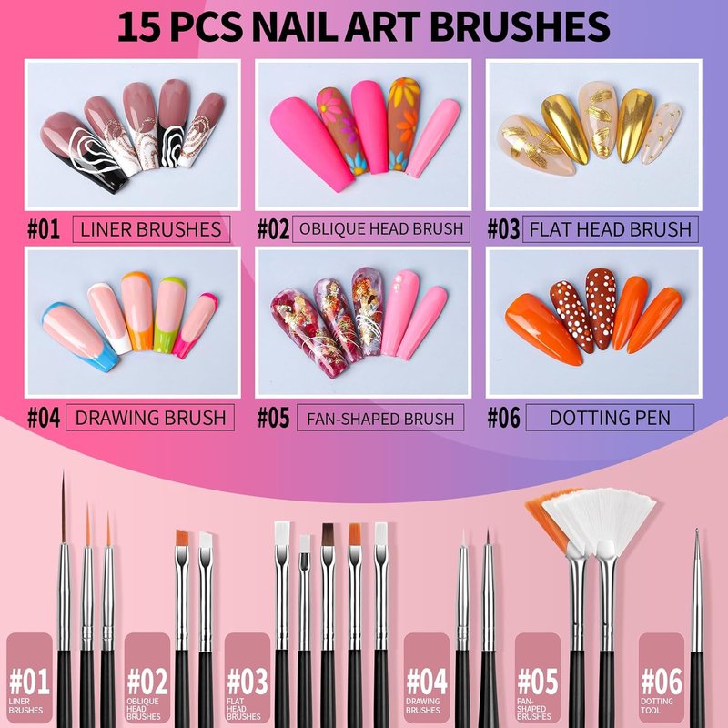FANDAMEI Nail Art Tools Set - 15 PCS Brushes & 5 PCS Dotting Tools | Perfect for Creative Nail Designs