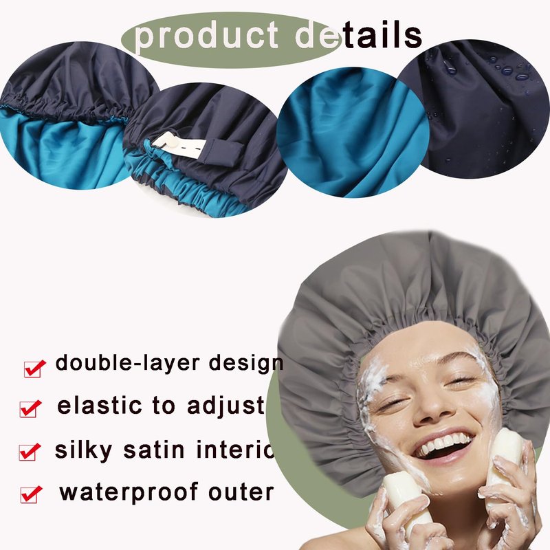 Genergy 2pcs Shower Cap for Women,Including Travel bag and Scrunchy. Frizz-Free Silky Liner, Waterproof Reusable Large Bath Bonnet for Short and Long Thick Hair, Soft Adjustable Elastic, Non-slip.