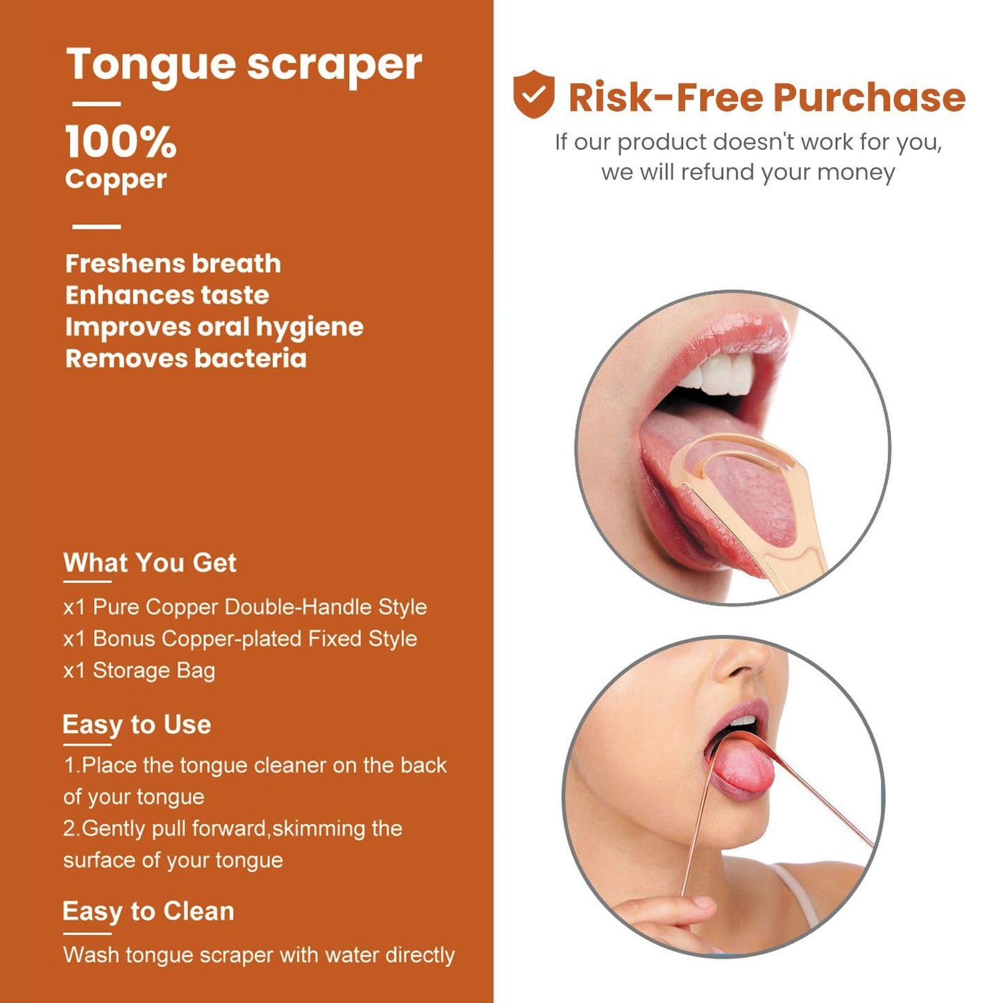 2Pcs Copper Tongue Scraper, Tongue Cleaner Set for Adults Kids, Stainless steel Wide Double Blades Oral Tongue Brush Cleaning Scrapping Sweeper for Fresh Breath and Mouth Hygiene Care with Travel Bag