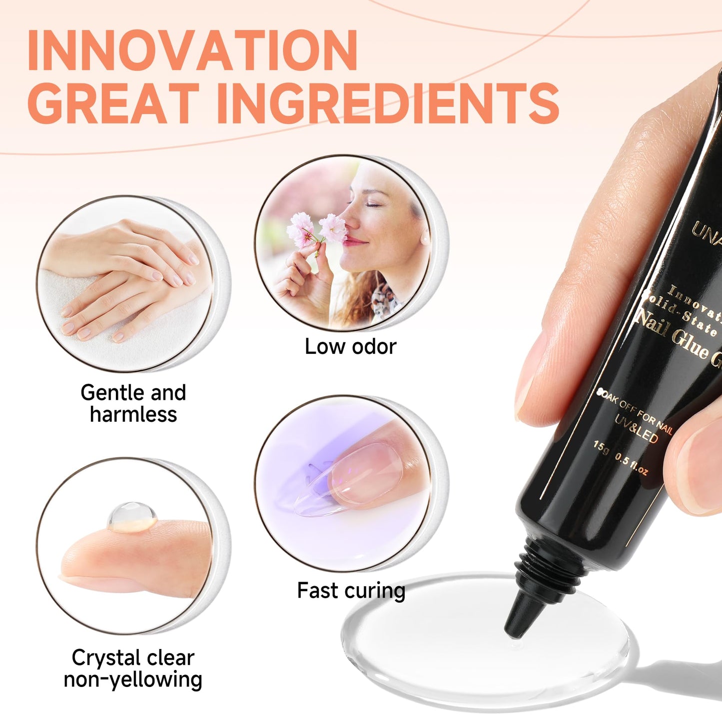 UNA GELLA Solid Gel Nail Glue Strong 15g*2pcs Set U V/LED Nail Glue Gel Lamp Required False Glue For Fake Acrylic Nails Tips Press Ons Extension DIY Salon