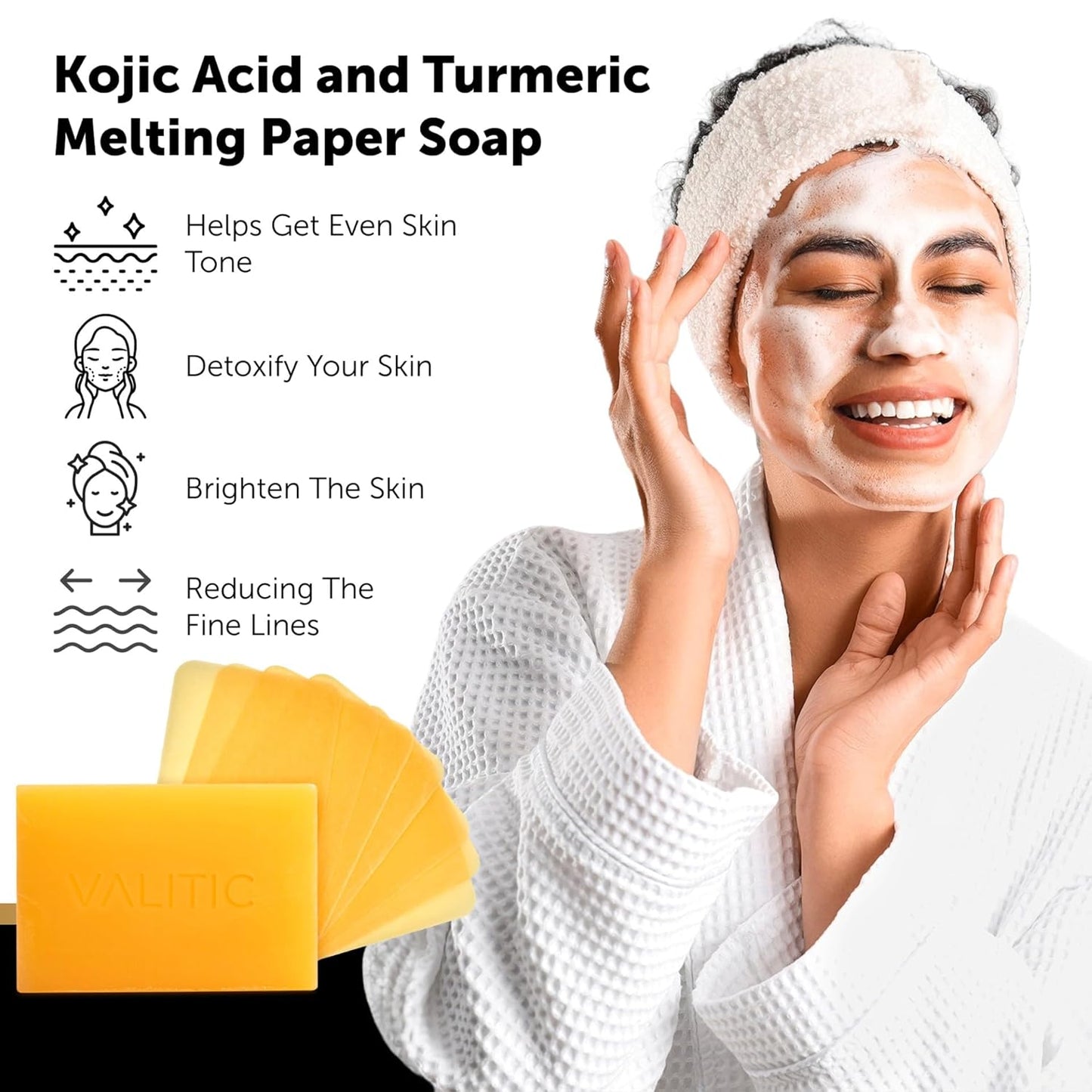 VALITIC Kojic Acid & Turmeric Dark Spot Corrector Soap - Skin Brightening Duo | 2 Bars & 200 Melting Sheets