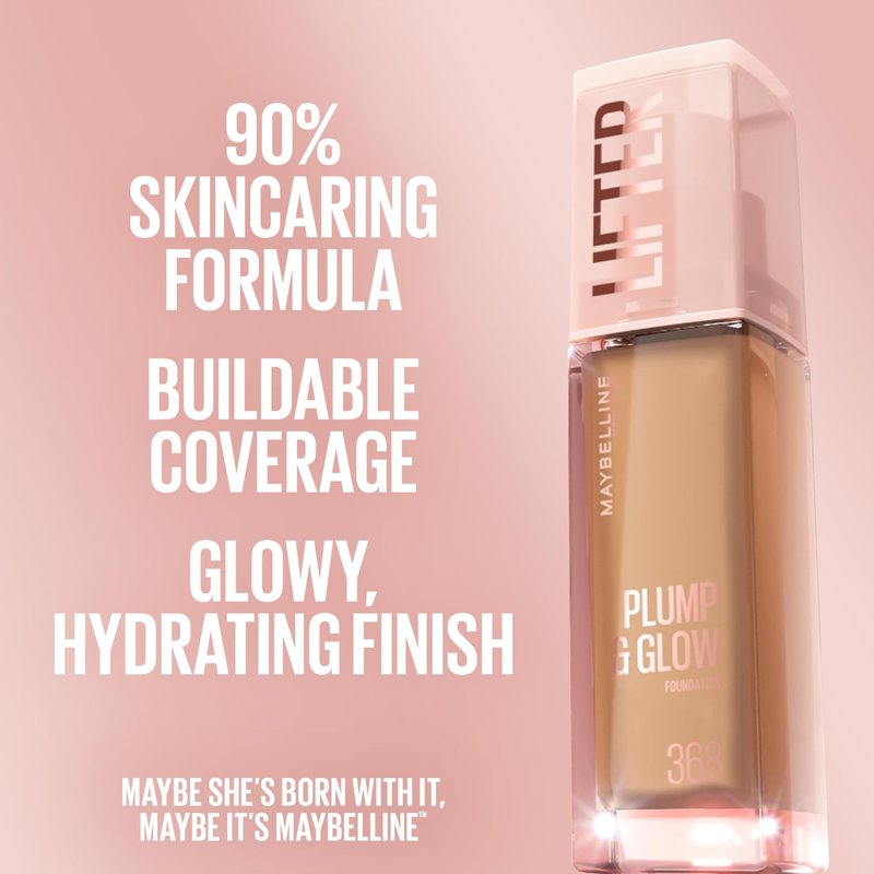 Maybelline Lifter Plump & Glow Foundation, Liquid Foundation with 2% Niacinamide + Hyaluronic Acid, Plumping and Brightening Face Makeup, 120, 1 Count
