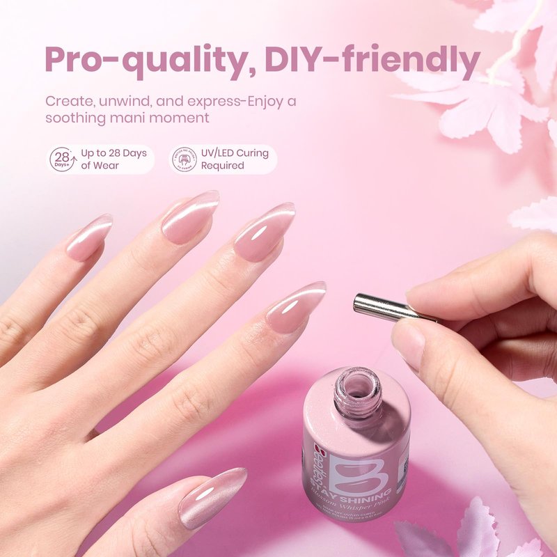 Beetles Stay shining Pink Cat Eye Gel Nail Polish - 15ML Blossom Whisper Pink Cat Eye Glitter Gel Polish with Magnet Jelly Translucent Glass Effect Soak Off UV DIY Manicure Spring Gift for Women