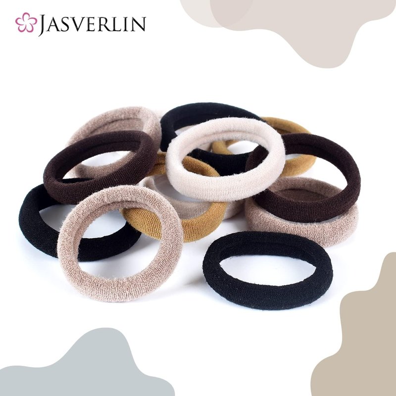 JASVERLIN 100 pcs Seamless Cotton Hair Ties, Thick Hair Elastic Bands Soft No Damage Ponytail Holders for Women Girl 1.5 inch (5 Colors)
