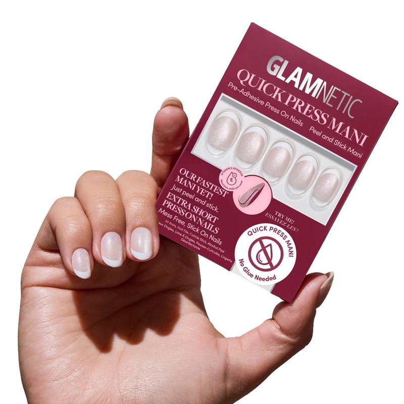 Glamnetic Quick Press Mani - No Glue Press On Nails, Just Peel and Stick, Round Extra Short Nails, Mess Free, Salon Quality Stick On Nails, Velvet French | in 15 Sizes - 30 Nail Kit