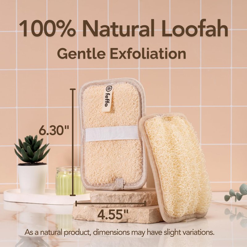 Feffo Natural Loofah Sponge for Body Scrub, Exfoliating Body Scrubber & Loofah with Handle, Exfoliating Pads, Loofah for Women, Men & Kids (2 Count - 1 Pack, Rectangular)