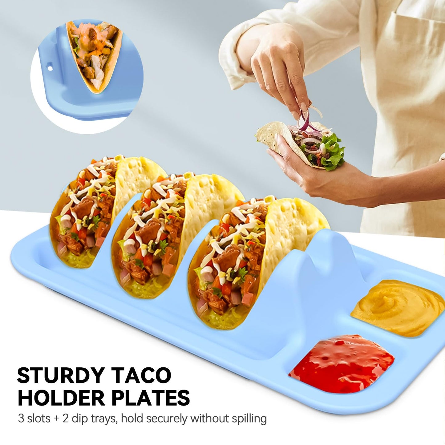 Silicone Taco Plates Holder Set of 2 - Reusable Taco Plates with Dividers & Dip Bowls, Holds 3 Tacos Stand | Microwave & Dishwasher Safe, Heavy Duty Non-slip Taco Tray Stands for Hard/Soft Shells