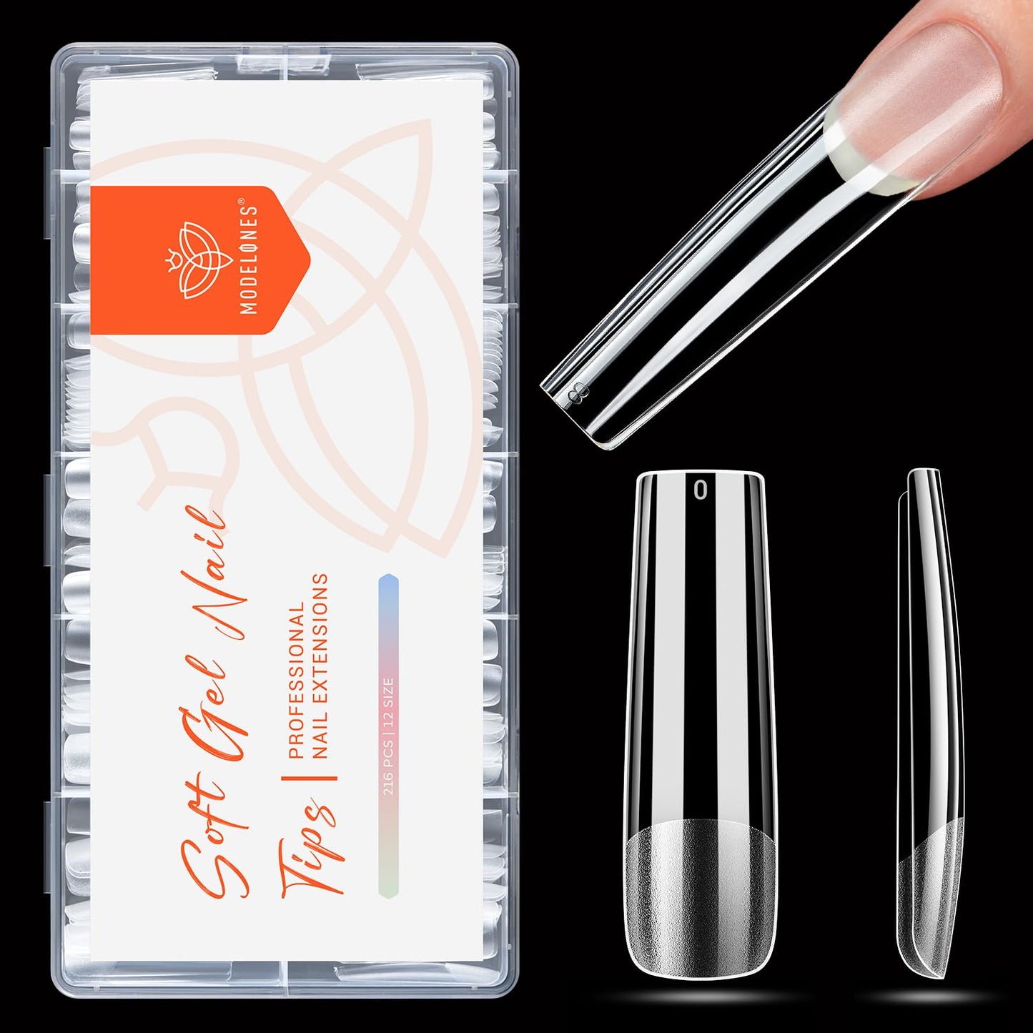 XXL Long Square Nail Tips - Pre-shaped Soft Gel Fake Nails for DIY Manicure | 216 PCS, 12 Sizes