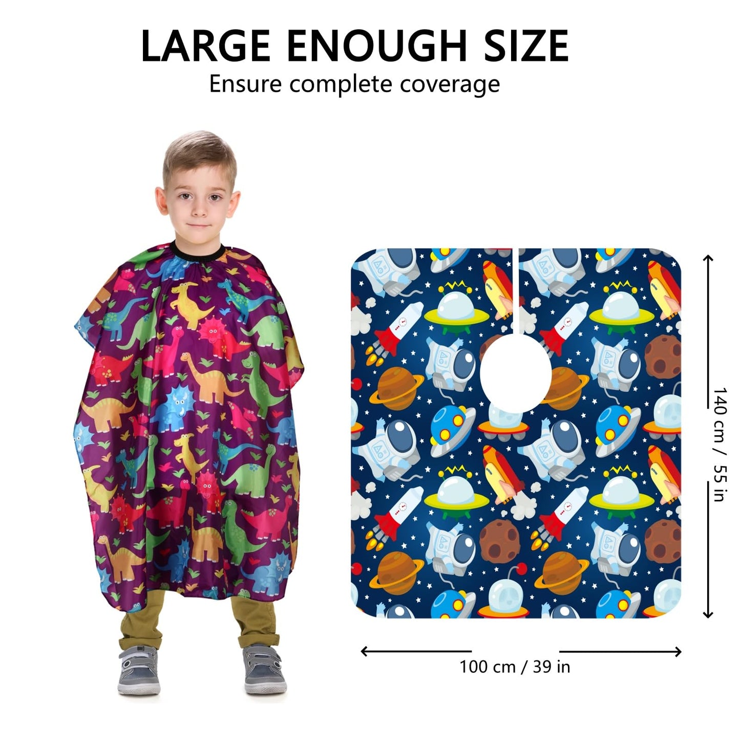 YELEGAI Kids Hair Cutting Cape (2 Pack) Professional Children Salon Barber Apron for Boys and Girls (Cartoon Dinosaur & Cartoon Space)