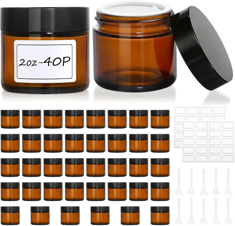 Amber Glass Jars - 40 Pcs 2 oz Leakproof Containers with Lids, Labels & Spatulas | Ideal for Essential Oils, Spices, Candle Making