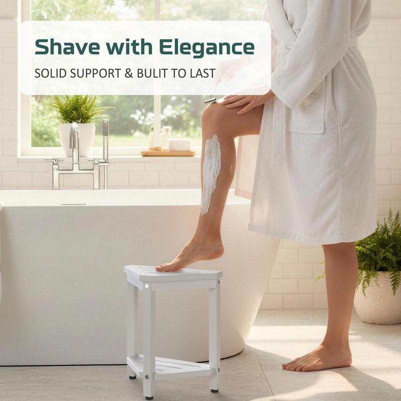 Shower Foot Rest 14in, HDPE Waterproof Shower Stool for Inside Shower, Corner Shower Stool for Shaving Legs with Storage Shelf, Shower Step Stool for Small Space, Plastic Corner Shower Bench, White